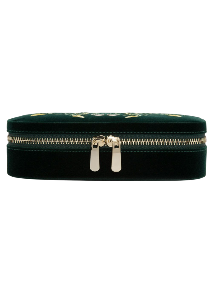 Ileana Makri Zoe travel zip case in forest green velvet with gold zipper closure and embroidered top detail