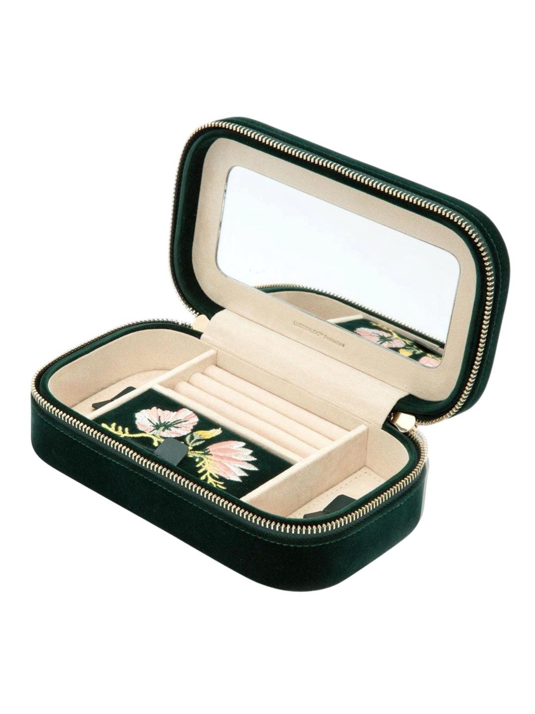Ileana Makri forest green velvet travel jewelry zip case with floral embroidery, interior mirror, and ring rolls.