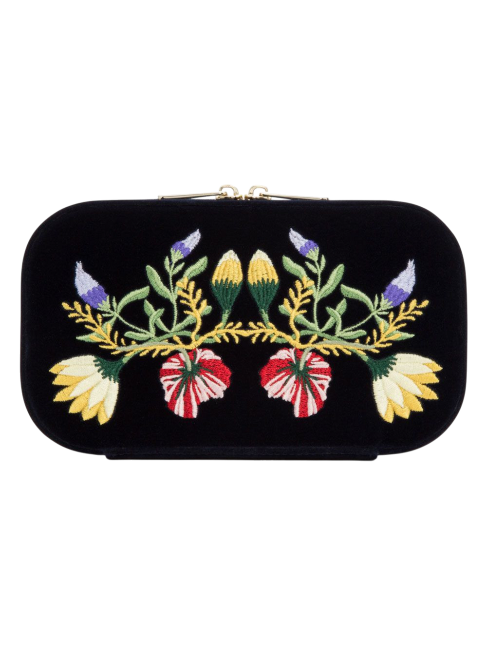 Ileana Makri indigo velvet travel zip case featuring colourful floral embroidery and a secure zip closure