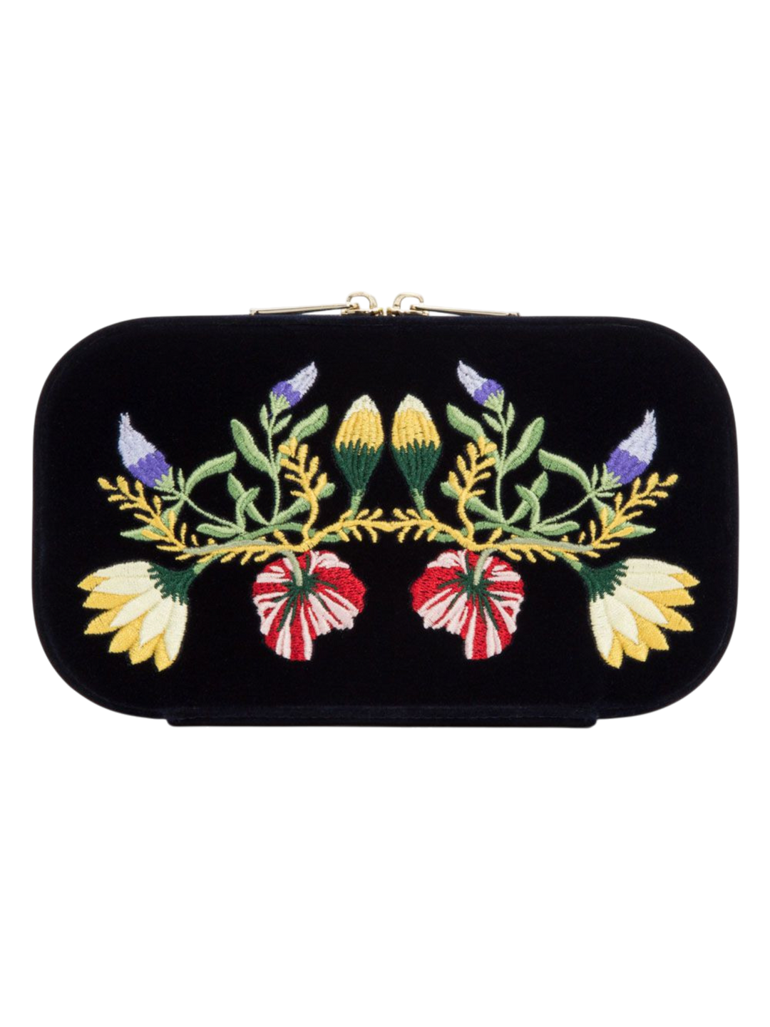 Ileana Makri indigo velvet travel zip case featuring colourful floral embroidery and a secure zip closure