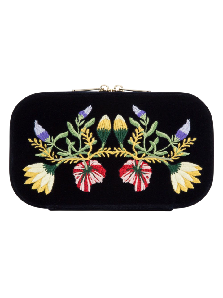 Ileana Makri indigo velvet travel zip case featuring colourful floral embroidery and a secure zip closure
