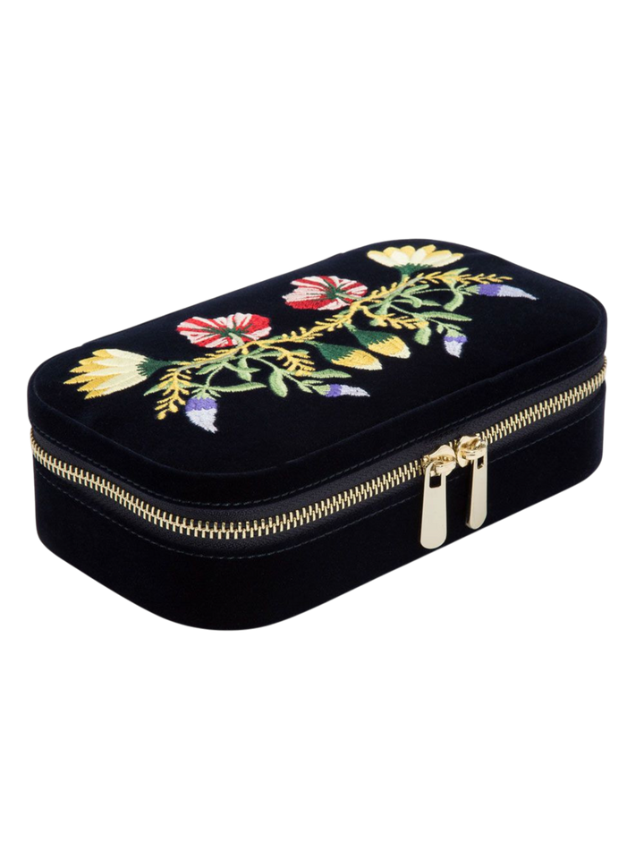Ileana Makri indigo velvet travel jewelry zip case featuring colorful floral embroidery and gold zipper hardware.