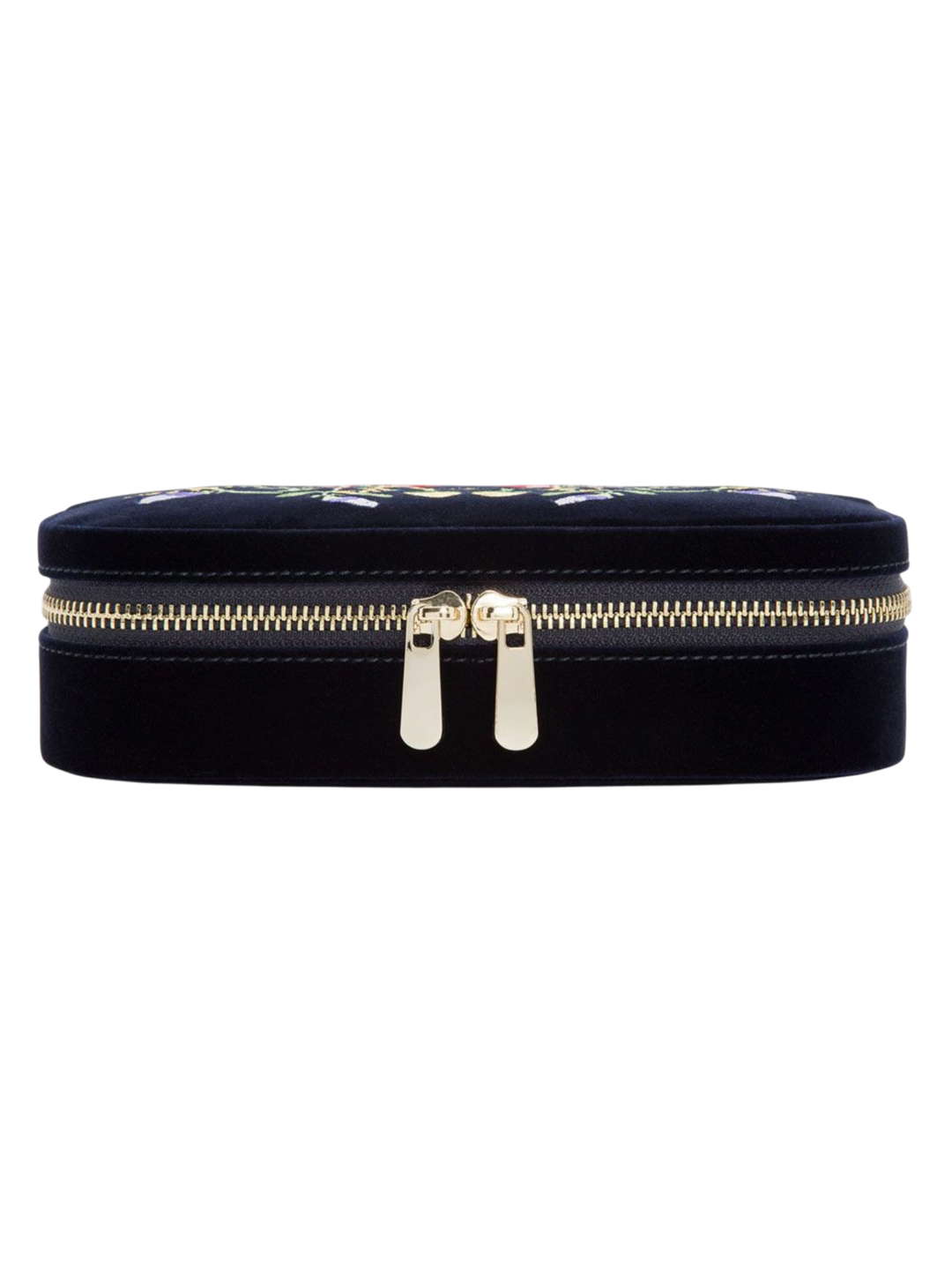 Ileana Makri Zoe travel zip case in indigo velvet with gold zipper hardware and floral embroidery