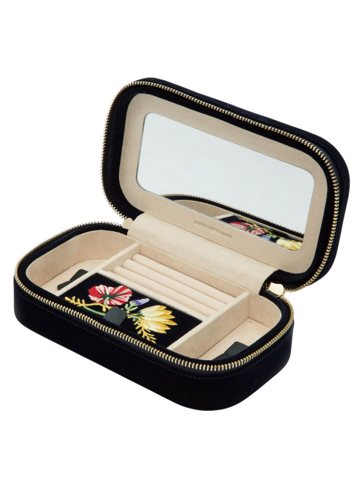 Ileana Makri indigo velvet travel jewelry zip case with floral embroidery, interior mirror, and ring storage.