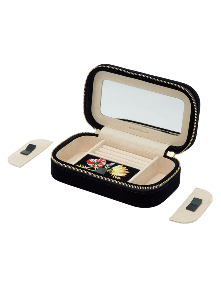 Ileana Makri Zoe travel jewelry zip case in indigo velvet with floral embroidery, interior mirror, and ring rolls.