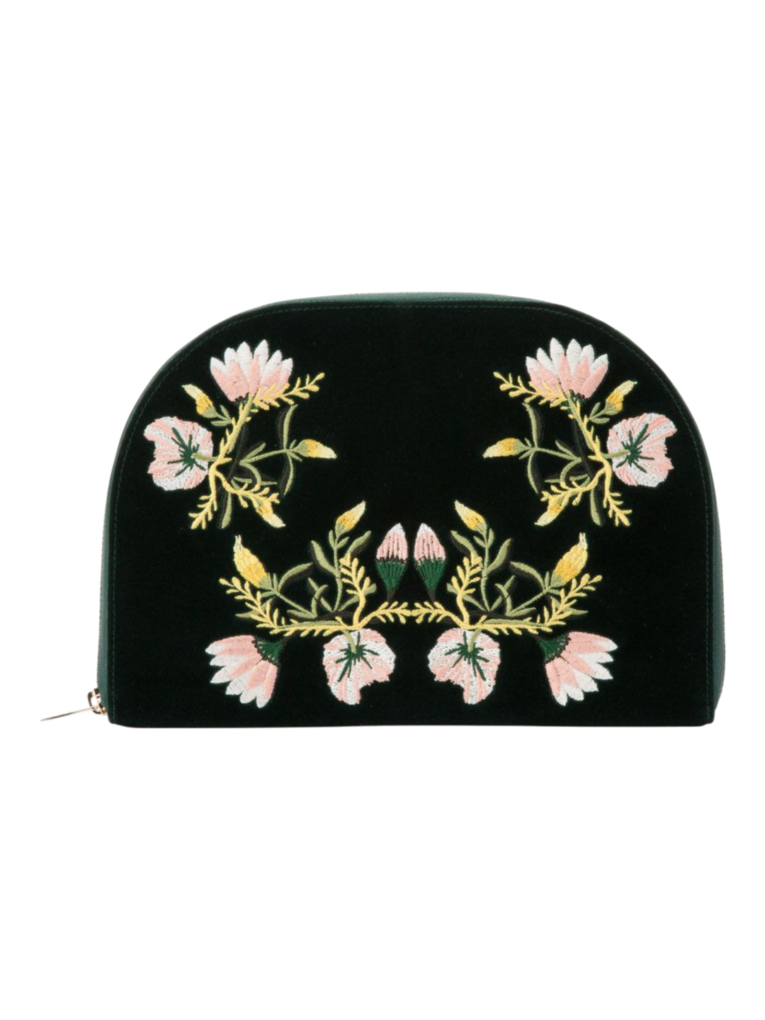Ileana Makri Zoe Portfolio Forest in dark green velvet with intricate pink and yellow floral embroidery
