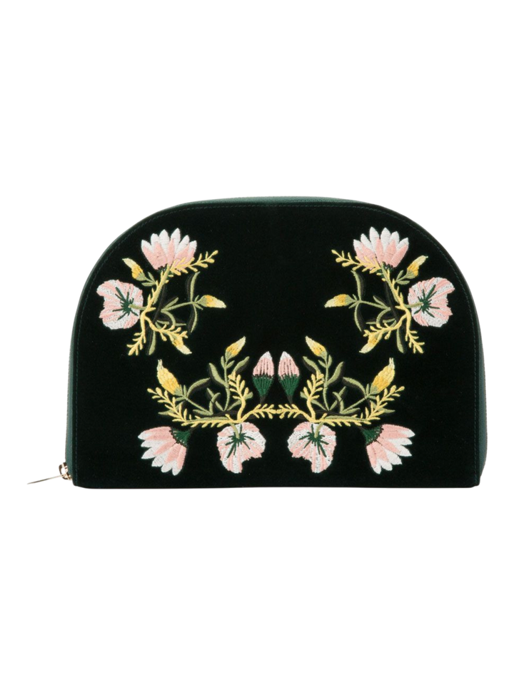 Ileana Makri Zoe Portfolio Forest in dark green velvet with intricate pink and yellow floral embroidery