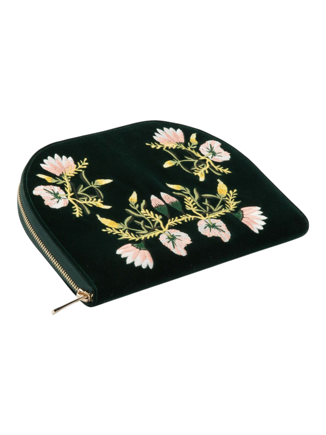 Ileana Makri Zoe Portfolio Forest in dark green velvet with floral embroidery and gold zipper closure.