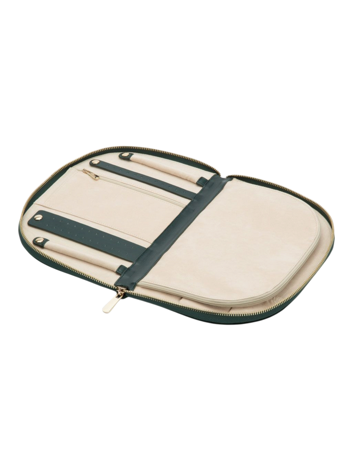 Ileana Makri Zoe Portfolio Forest velvet jewelry organizer in deep green with cream interior and gold zipper details.