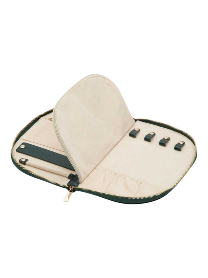 Ileana Makri Zoe Portfolio Forest velvet jewelry case in dark green with cream interior and gold zipper hardware