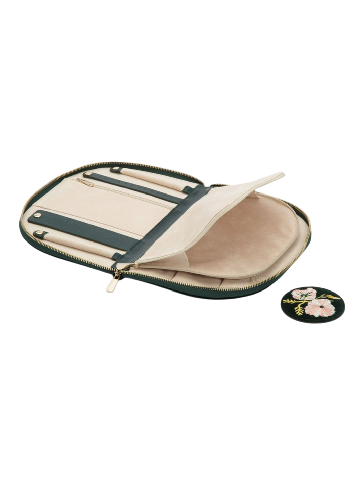 Ileana Makri Zoe Portfolio Forest velvet jewelry case in dark green with cream interior and floral embroidery patch