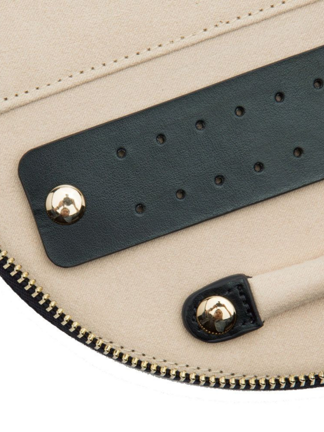 Ileana Makri Zoe Portfolio Forest jewelry case interior featuring black leather earring holders and beige lining.