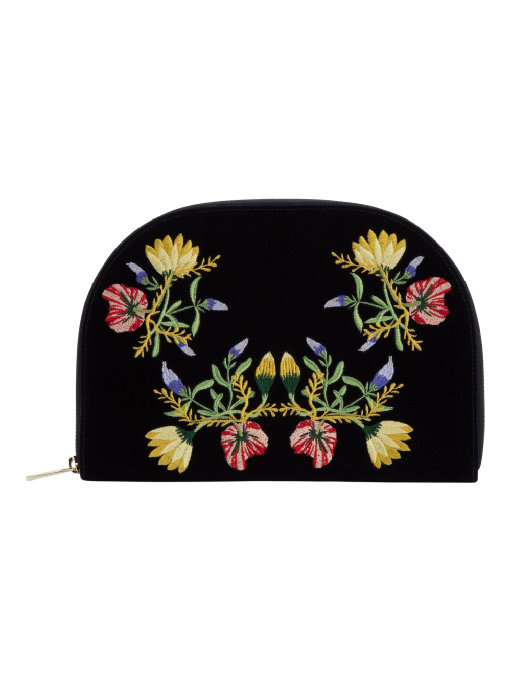 Ileana Makri Zoe Portfolio in indigo velvet featuring intricate floral embroidery and a secure zip closure