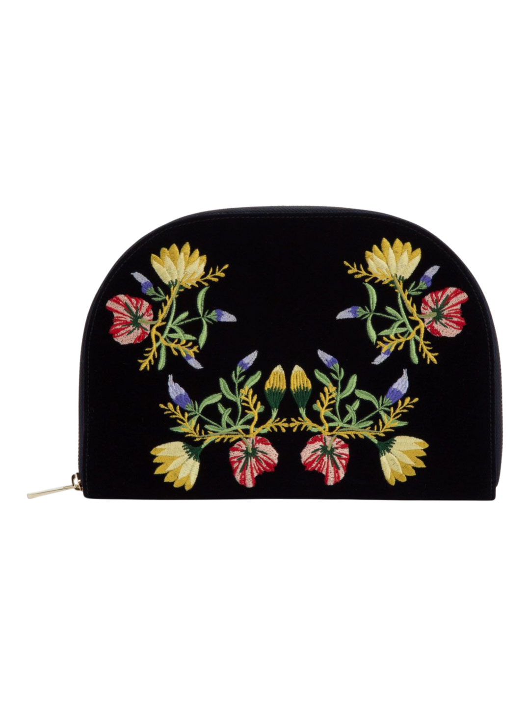 Ileana Makri Zoe Portfolio in indigo velvet featuring intricate floral embroidery and a secure zip closure