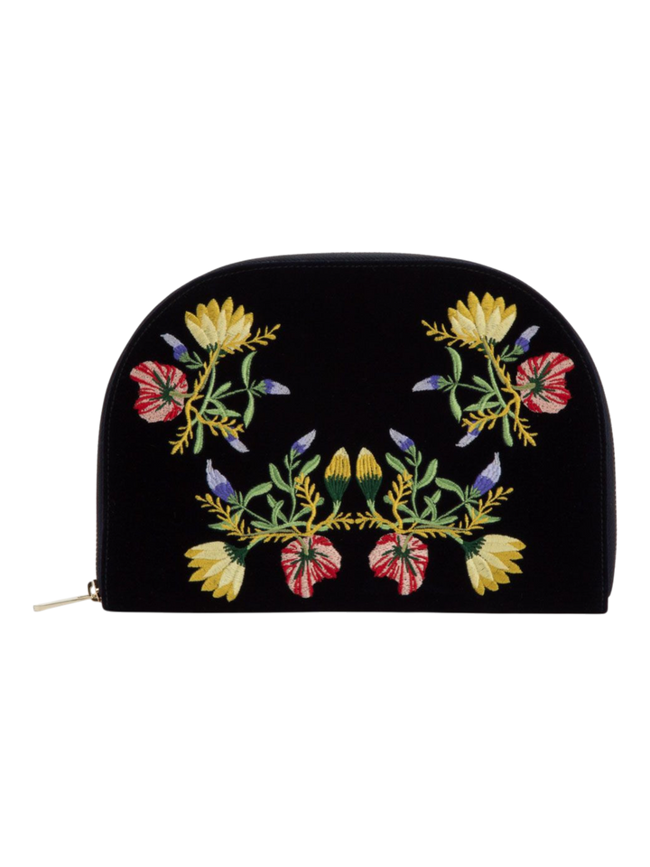 Ileana Makri Zoe Portfolio in indigo velvet featuring intricate floral embroidery and a secure zip closure