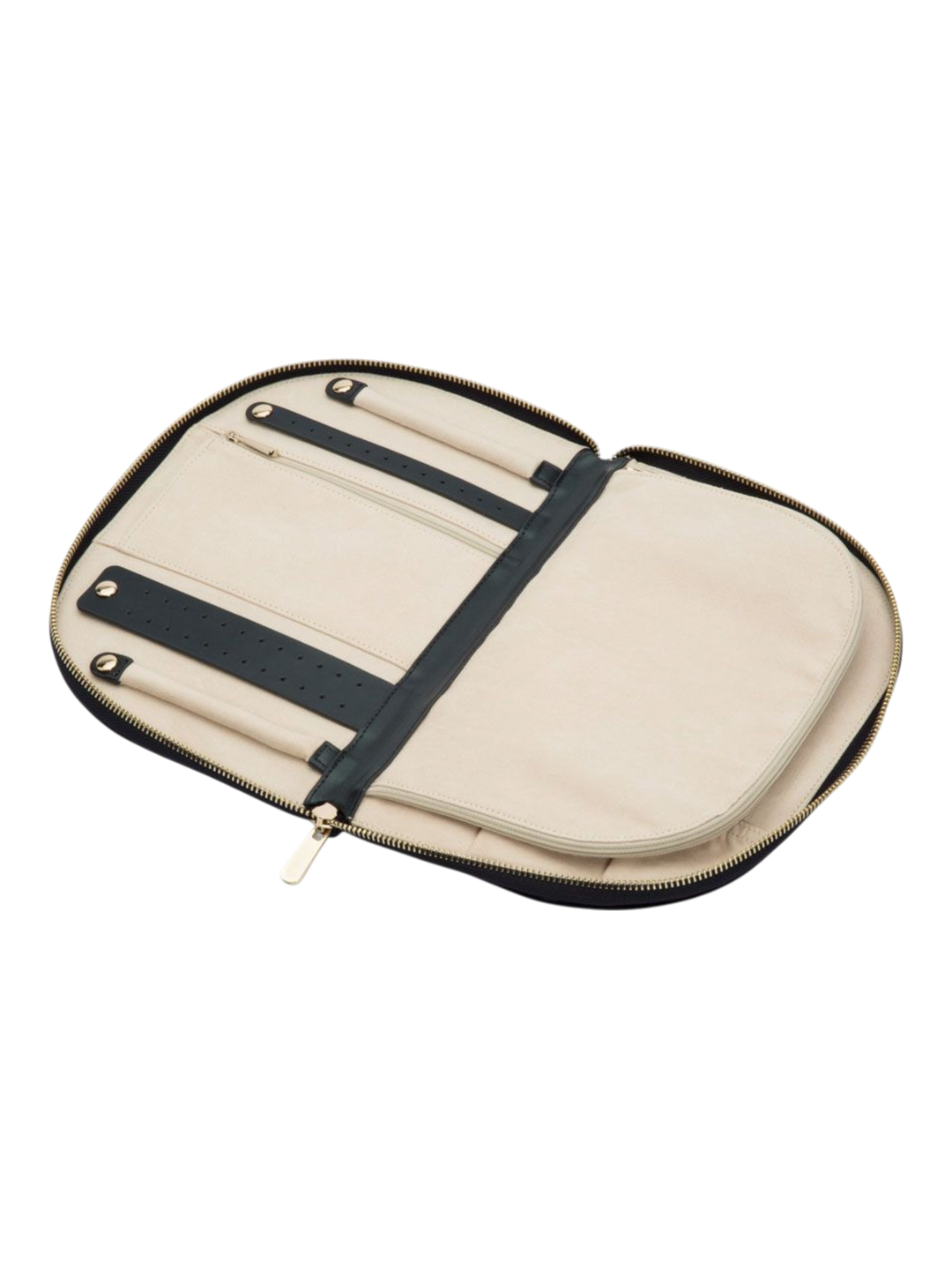 Ileana Makri Zoe Portfolio in indigo velvet, open to show cream interior with earring, ring, and necklace organizers.