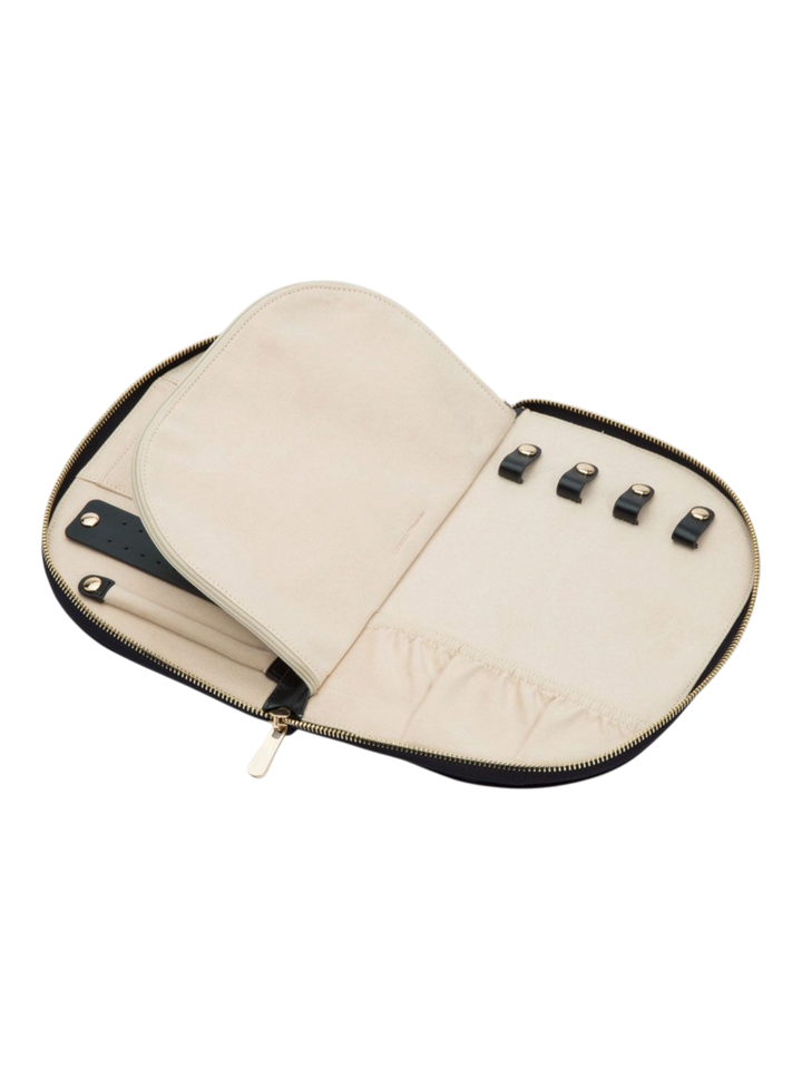 Ileana Makri Zoe Portfolio Indigo velvet jewelry organizer with cream interior, earring holders, and zip pockets