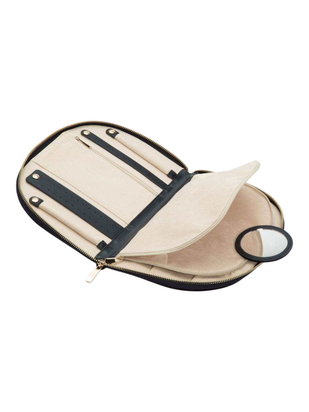 Ileana Makri Zoe Portfolio Indigo velvet jewelry case with LusterLoc lining, earring holders, and removable mirror.