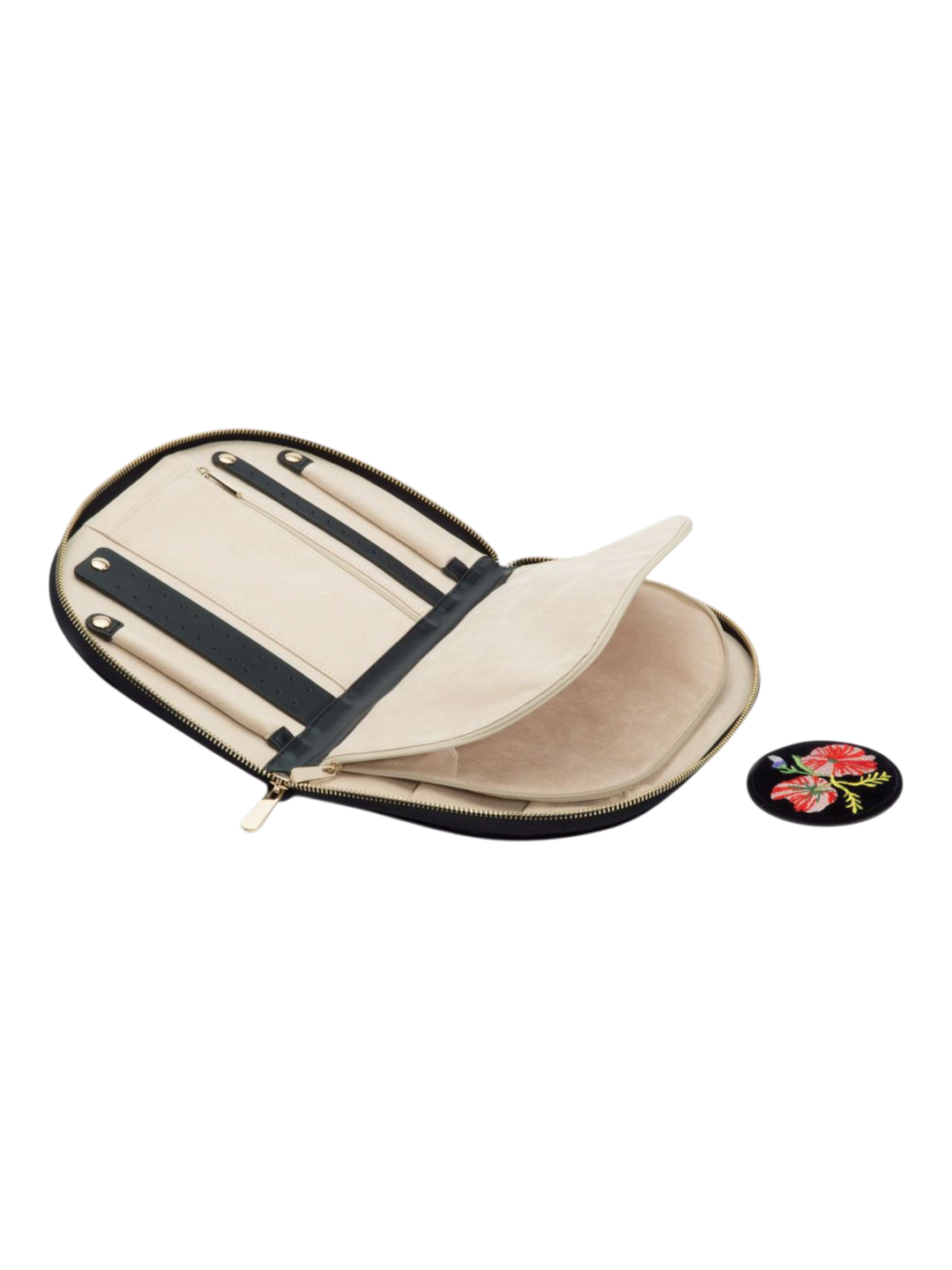 Ileana Makri Zoe Portfolio Indigo velvet jewelry organizer with cream interior, zip pockets, and floral patch accessory.