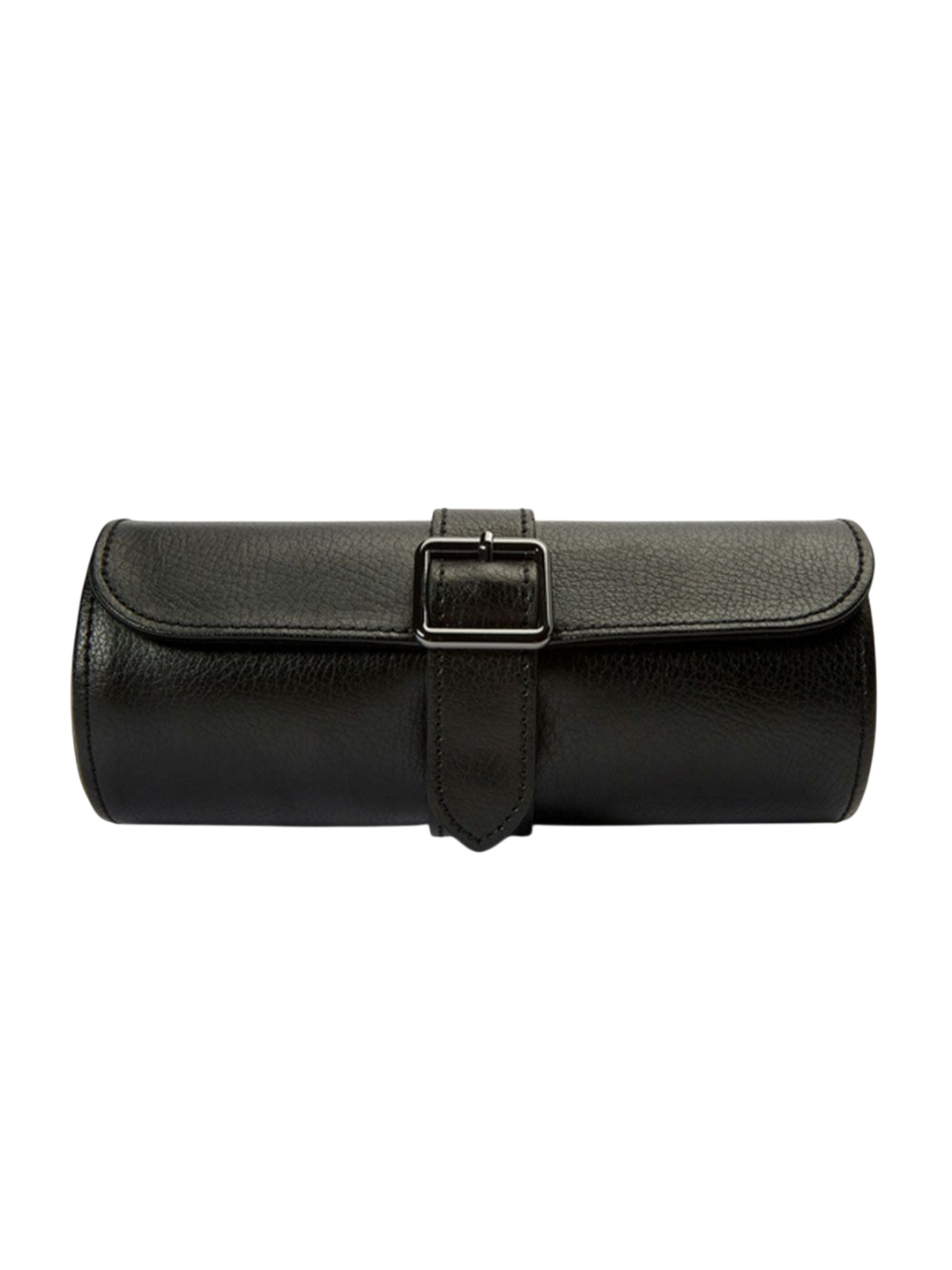 Ileana Makri black pebble grain leather triple watch roll with adjustable buckle closure and gold hardware details.