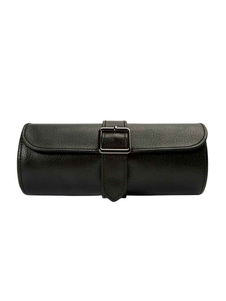 Ileana Makri black pebble grain leather triple watch roll with adjustable buckle closure and gold hardware details.