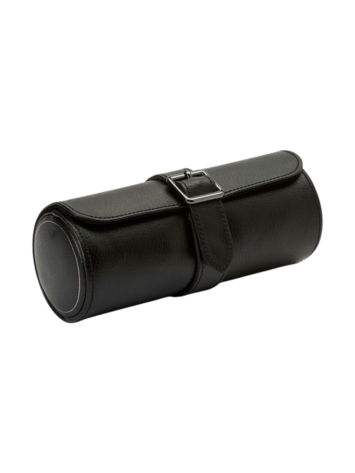 Ileana Makri black pebble grain leather triple watch roll with adjustable buckle closure for travel storage