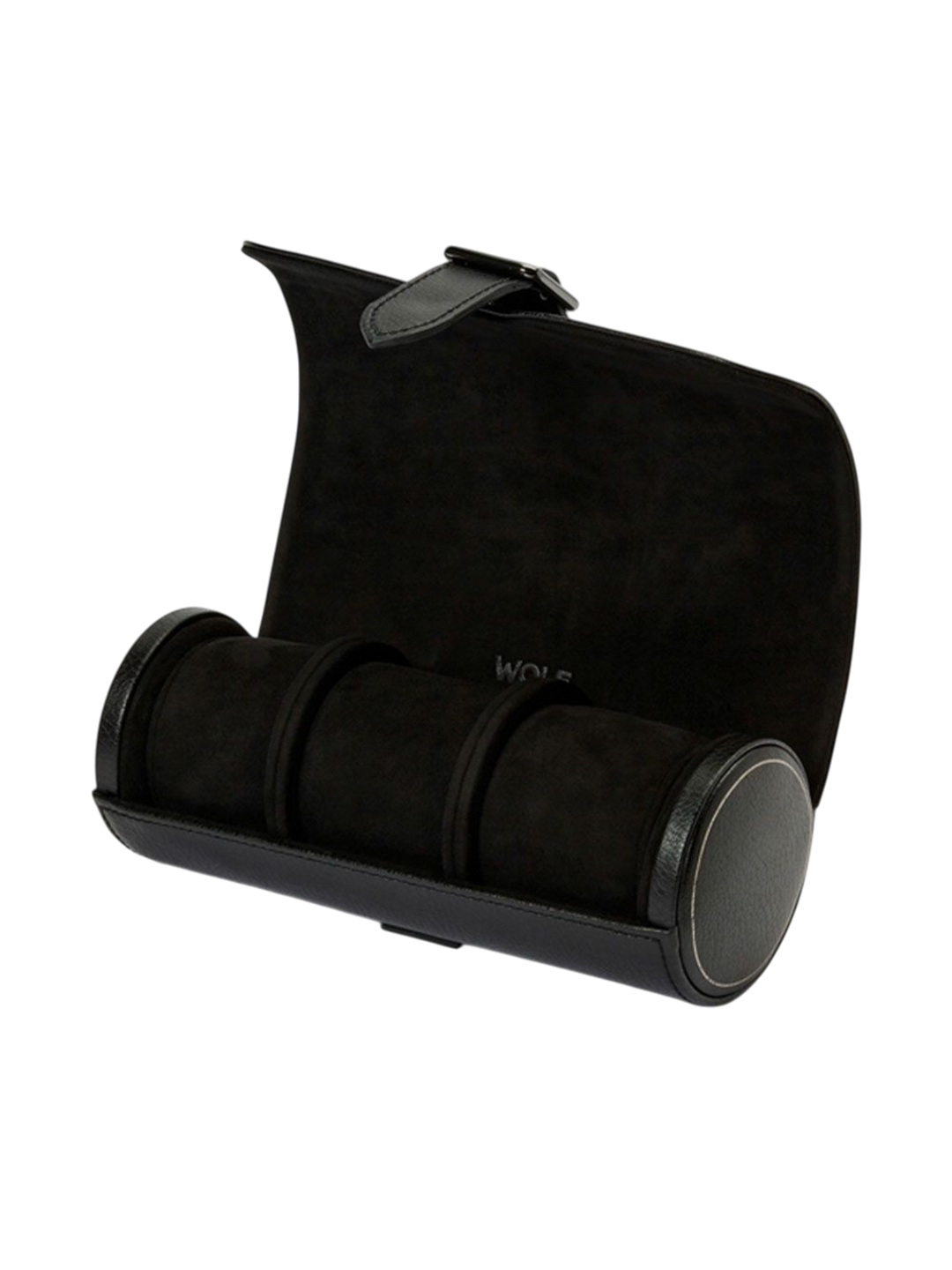 Ileana Makri black pebble grain leather triple watch roll with suede lining and adjustable snap closure