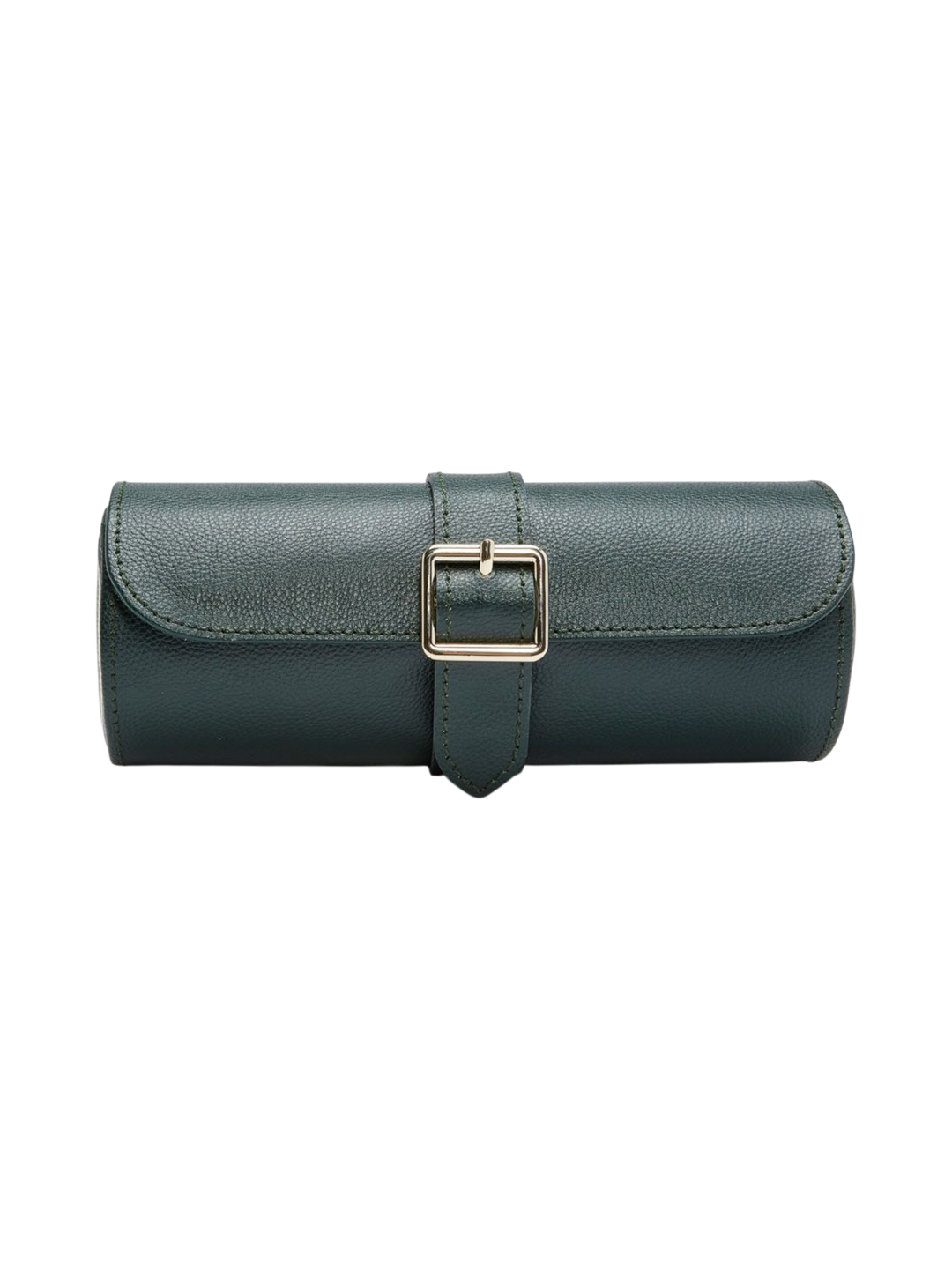 Ileana Makri British Racing triple watch roll in dark green pebble-grained leather with gold hardware buckle closure.