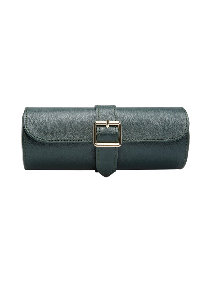 Ileana Makri British Racing triple watch roll in dark green pebble-grained leather with gold hardware buckle closure.