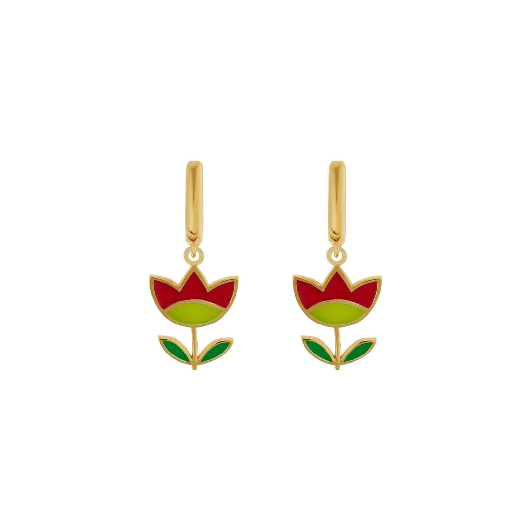 Red & Green Happy Flower Midi Hoop Earrings - Eye M Flower Power - Ileana Makri
