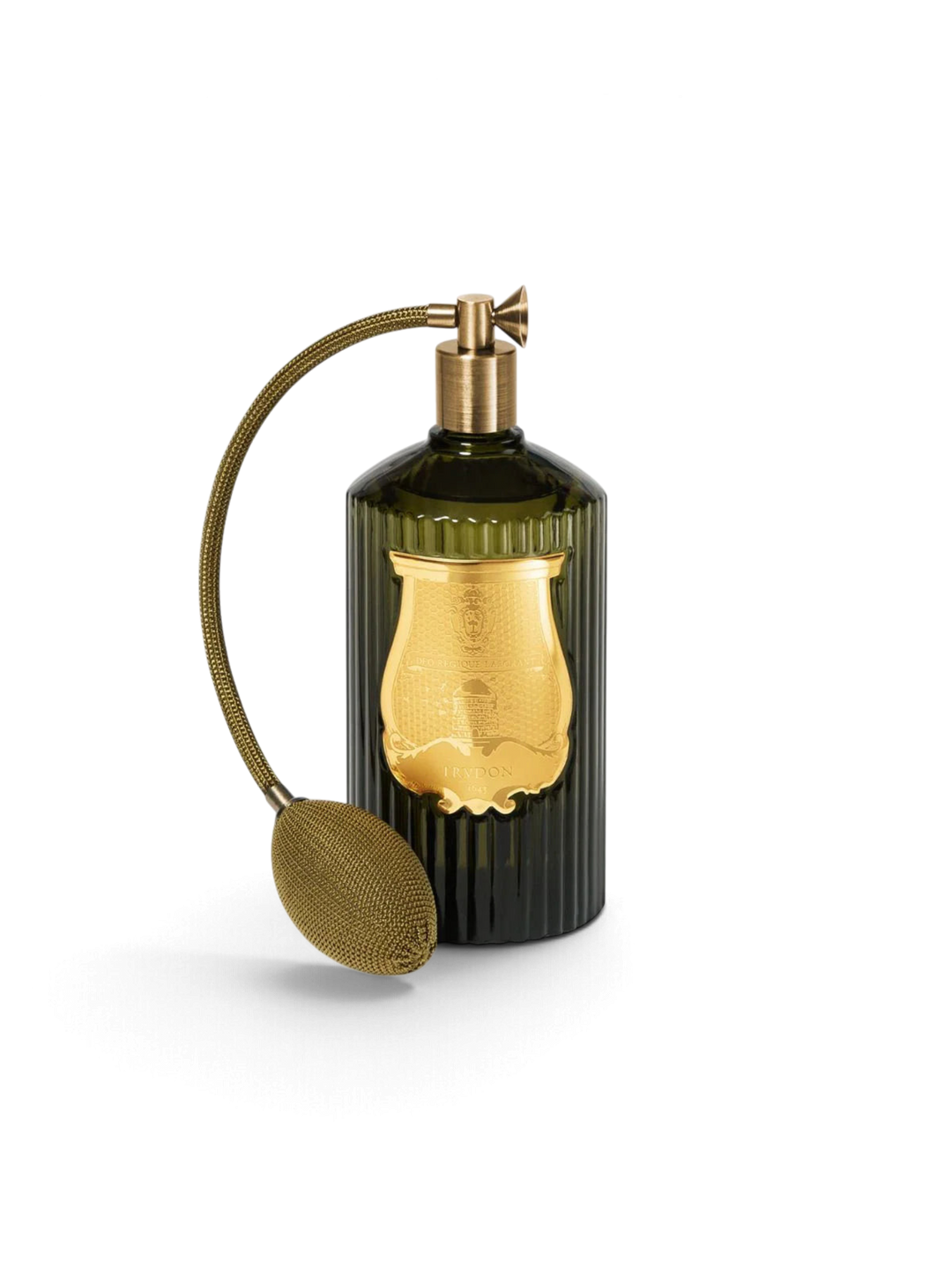 Ileana Makri Cire Trudon Abd El Kader room spray in a dark green ribbed glass bottle with a gold atomizer bulb.