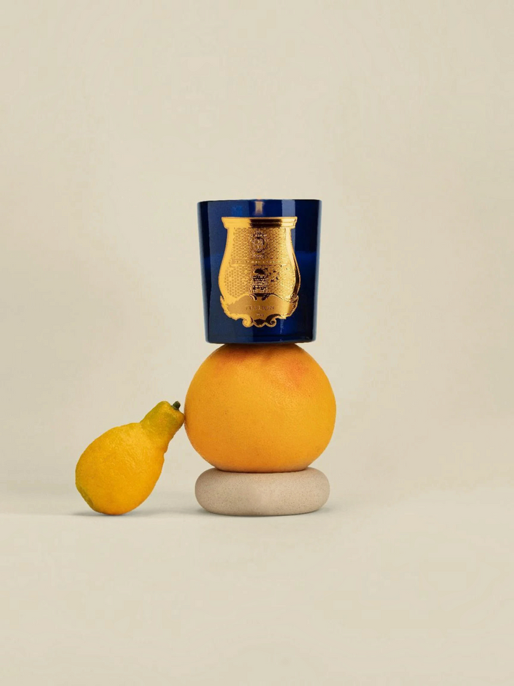 Ileana Makri Salta Grapefruit Essence scented candle in a blue glass jar with gold emblem, balanced on fruit.