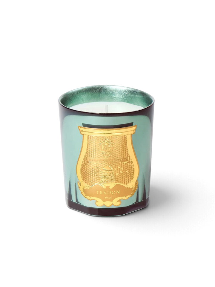 Ileana Makri Trudon Fir Christmas candle in a celadon lacquered glass vessel with a gold embossed emblem