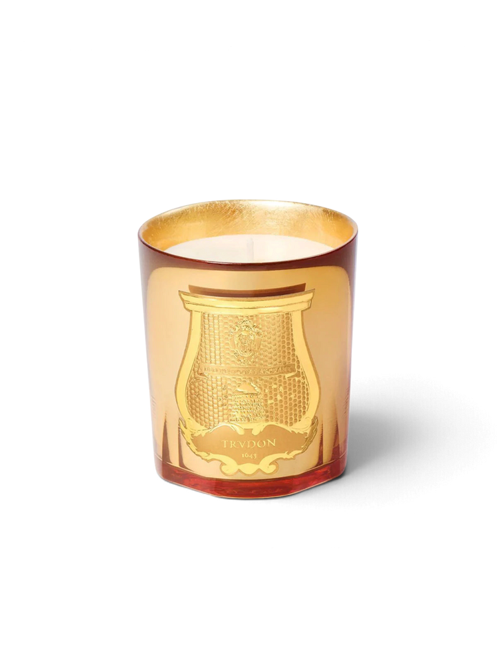 Ileana Makri Trudon Galerie des flammes candle in a gold-tinted glass vessel with an ornate embossed crest