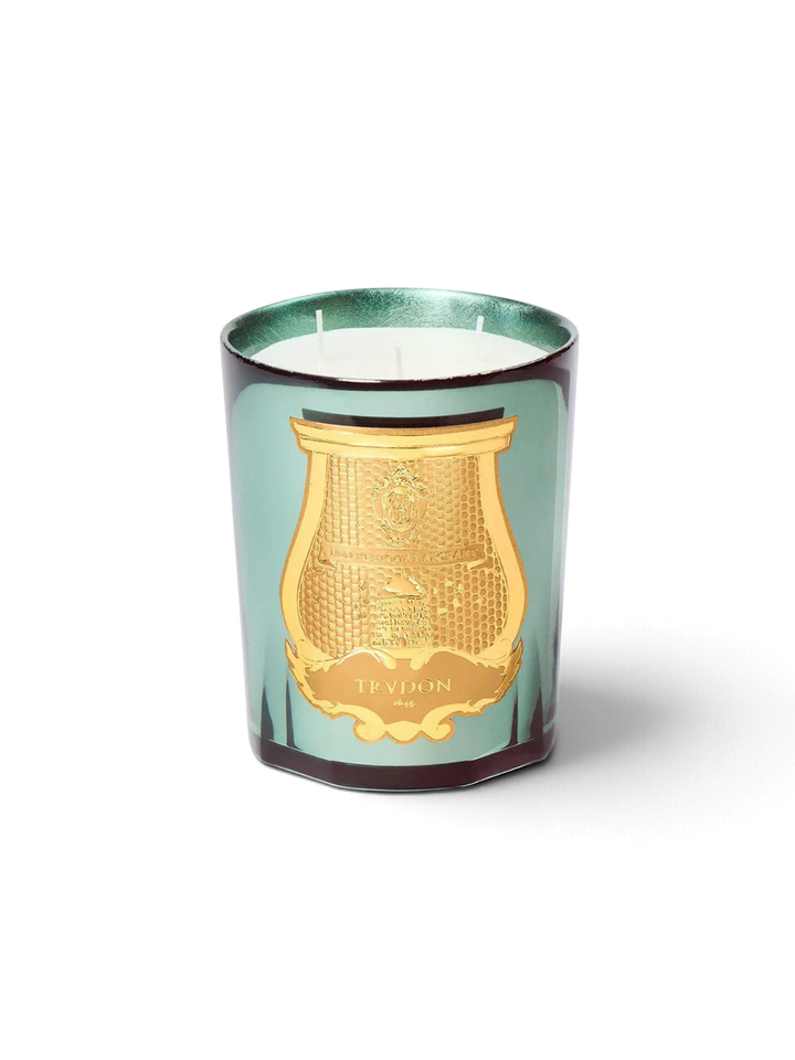 Ileana Makri Fir Christmas Tree scented candle in a celadon mirrored glass vessel with a gold Trudon emblem.