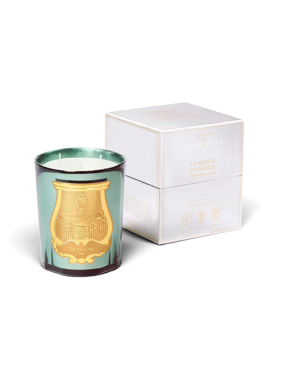 Ileana Makri Fir Christmas tree scented candle in a mirrored celadon glass vessel with gold emblem and gift box.