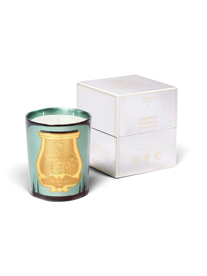 Ileana Makri Fir Christmas tree scented candle in a mirrored celadon glass vessel with gold emblem and gift box.