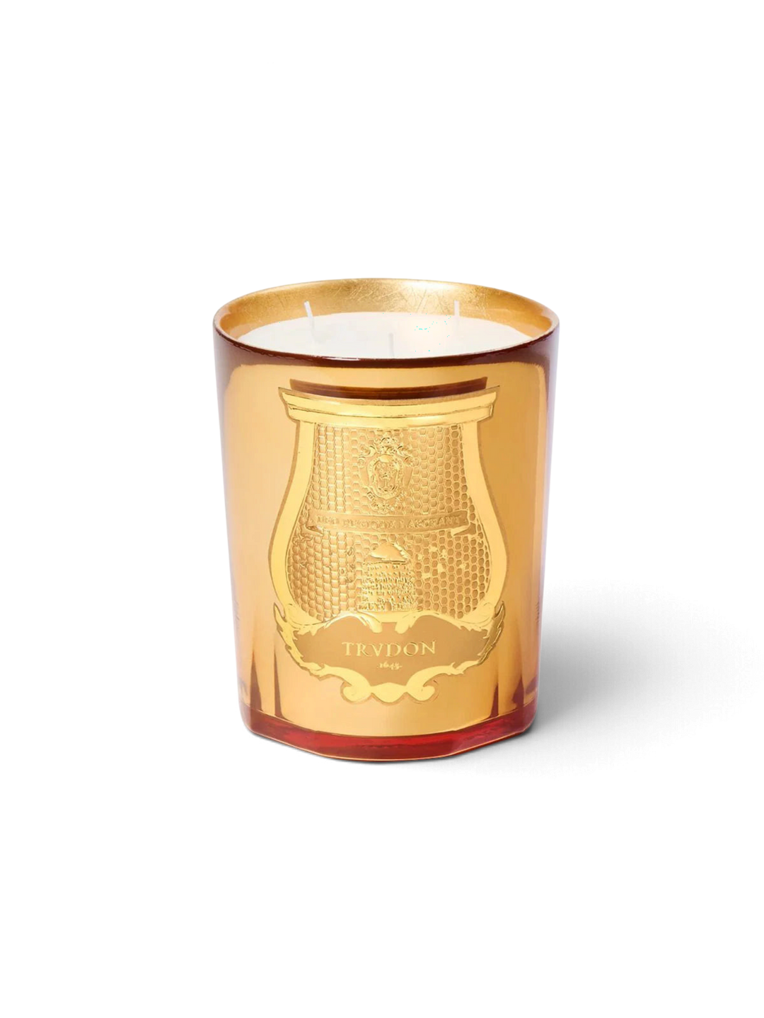 Ileana Makri Galerie des flammes 800g candle in a gold glass vessel with embossed crest and smoky wood fragrance