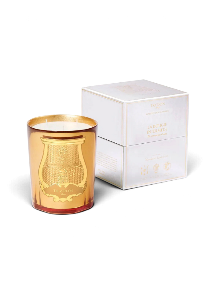 Ileana Makri Galerie des flammes Woody Smoky Intermezzo candle in a gold glass vessel with its white presentation box.
