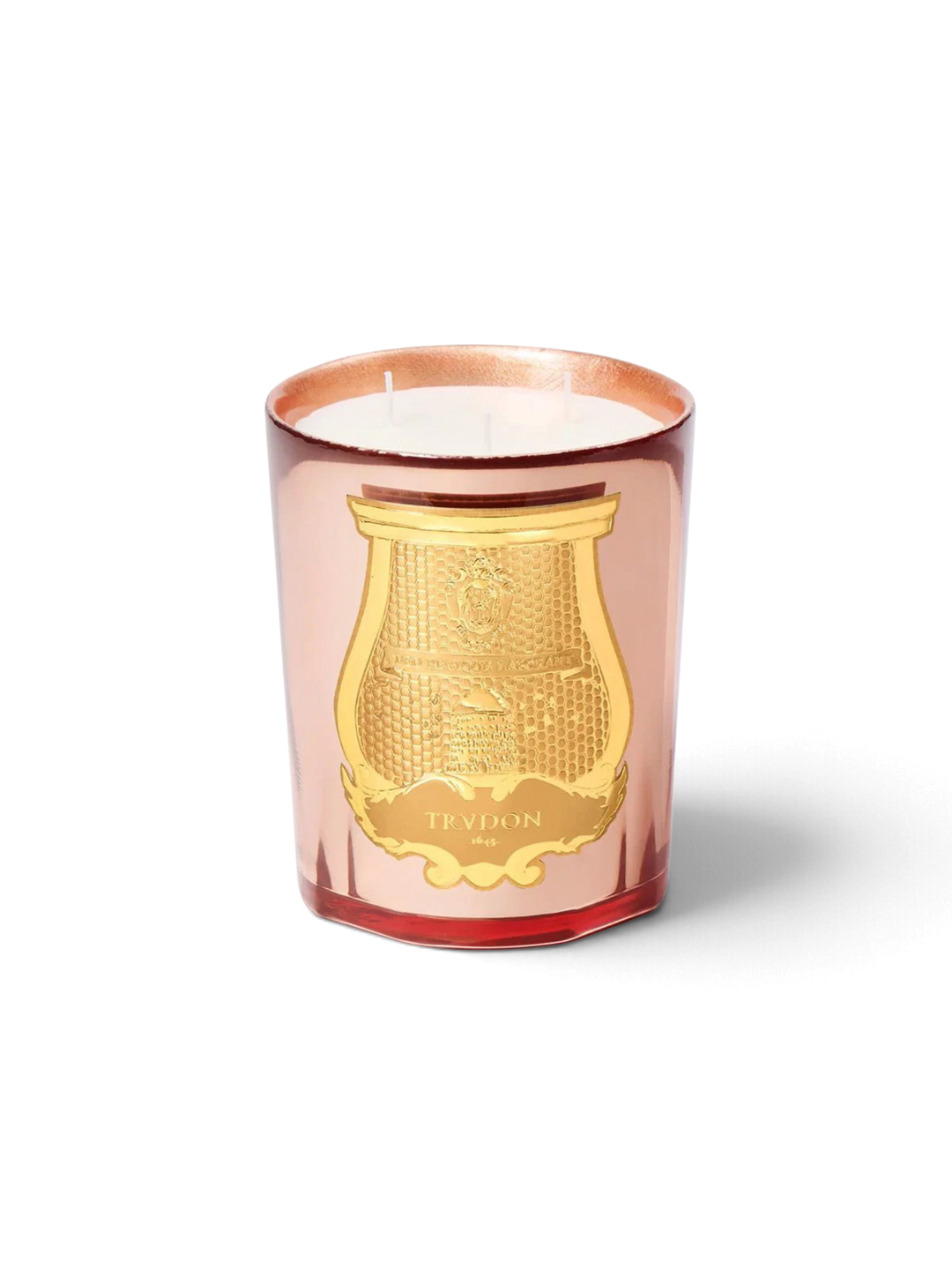 Ileana Makri Trudon Nazareth scented candle in a metallic orange glass vessel with a gold embossed crest label.