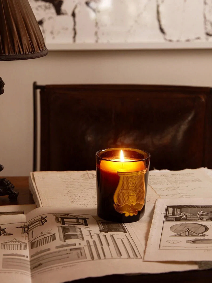 Ileana Makri Trudon Cire beeswax candle in an amber glass jar with a gold emblem, glowing on a desk with old books.