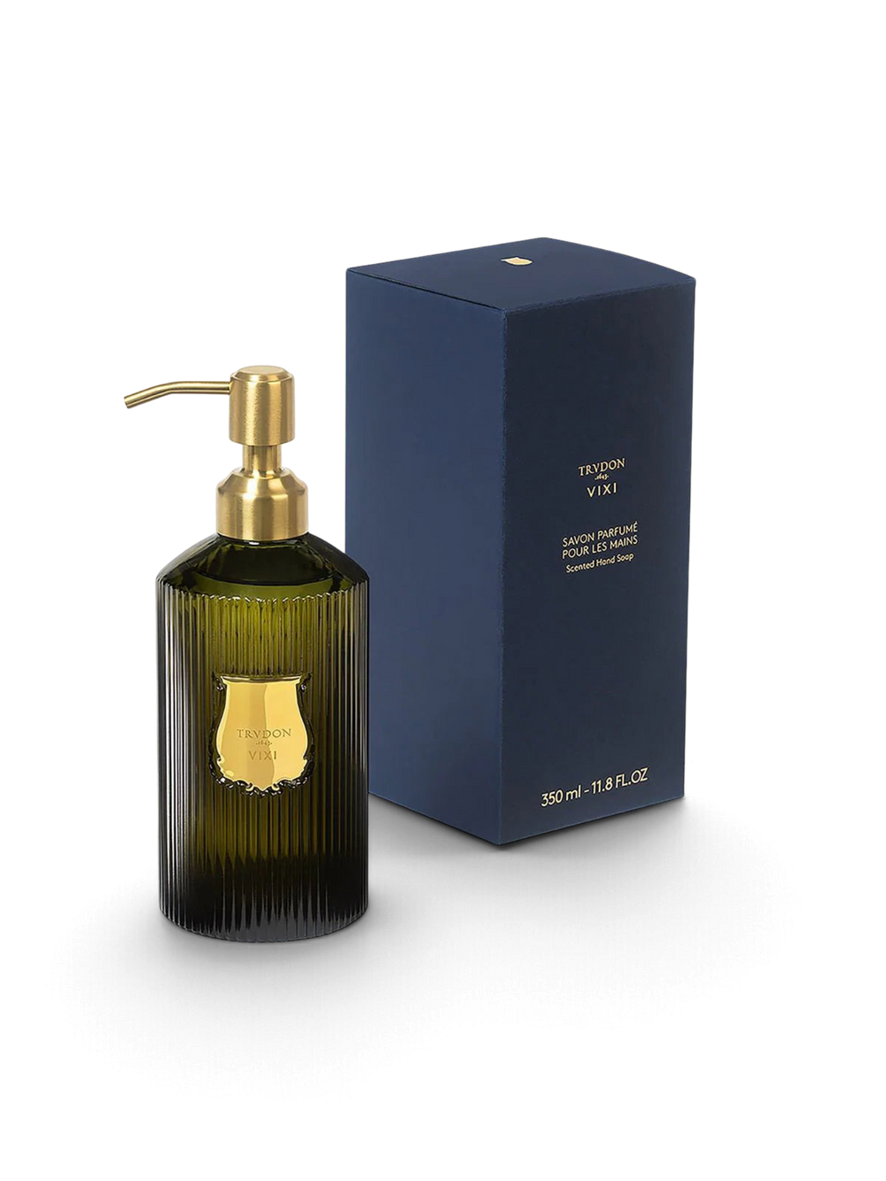 Ileana Makri Trudon Vixi scented hand soap in a ribbed green glass bottle with a gold pump and matching blue box.