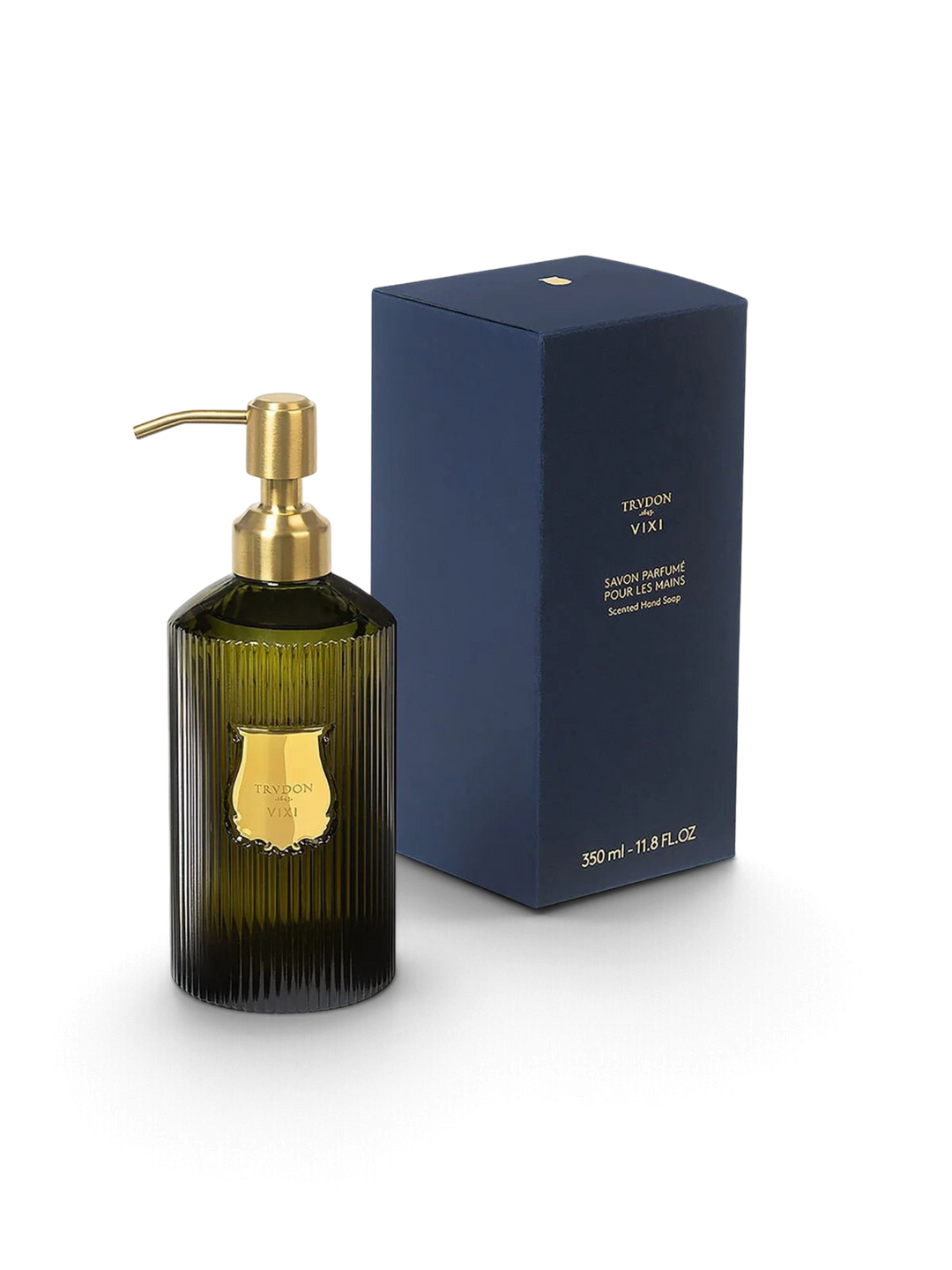 Ileana Makri Trudon Vixi scented hand soap in a ribbed green glass bottle with a gold pump and matching blue box.