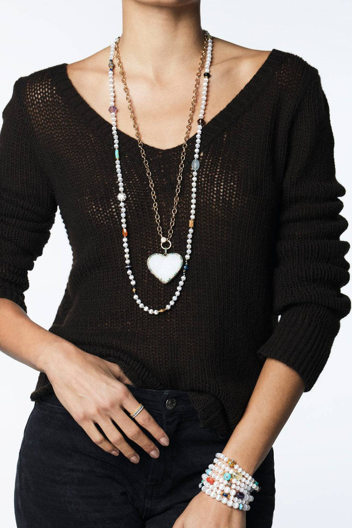 White Agate Stripe Necklace 9 (70cm) - Globetrotter - Ileana Makri