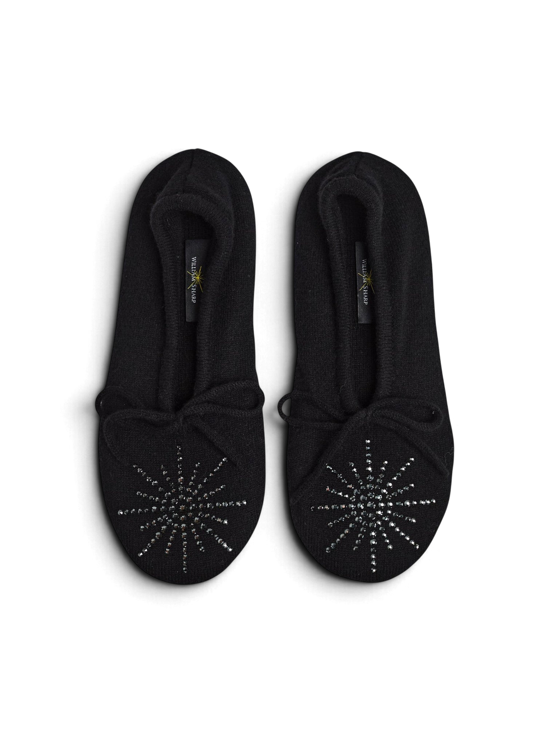 Ileana Makri black cashmere Dolly slippers with Swarovski crystal morning star embellishments and suede soles.