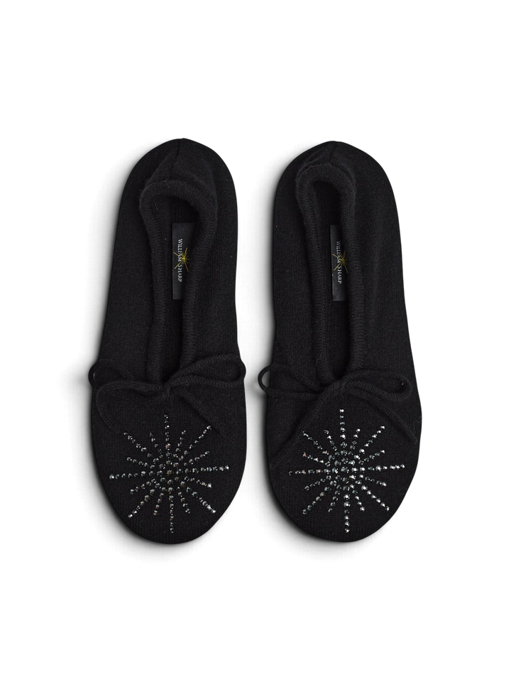 Ileana Makri black cashmere Dolly slippers with Swarovski crystal morning star embellishments and suede soles.