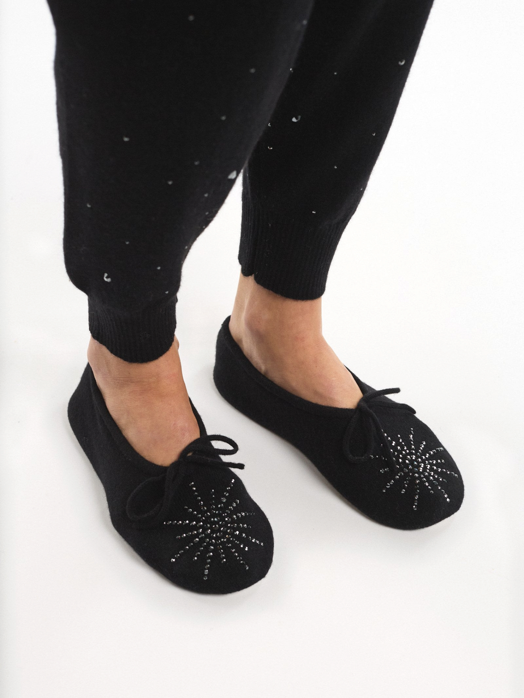 Ileana Makri black cashmere Dolly slippers with Swarovski crystal morning star detail and tie front